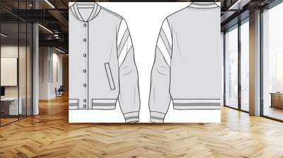 Women's Zip-up, Trimmed Bomber Jacket Set. Technical fashion illustration. Front and back, grey color. Women's CAD mock-up. Wall mural