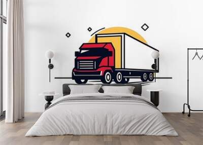 A stylized illustration of a red truck with a cargo trailer against a simple background. Wall mural