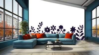 Hand drawn flowers on a white background, floral banner decorated with wild silhouettes of flowers and leaves. Wall mural