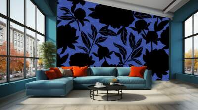 Retro patter with floral silhouettes. Hand drawn artistic field herbs in black ink. Vintage botanical florals. Wall mural