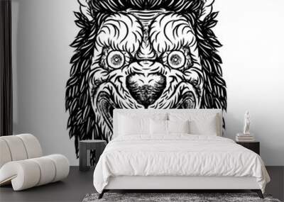 Angry smiling cunning wolf mascot head. Werewolf blackwork tattoo flash concept isolated on white. Detailed wolf face with scary eyes illustration. Vector. Wall mural