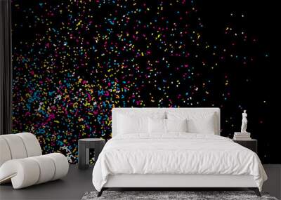 Colorful confetti vector on black backgroung. Grainy abstract random texture design element. Colorful party background with glitter, sprinkles and space for your text on black. Distress.  Wall mural