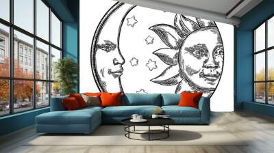 Hand drawn art sun and crescent moon. Flash tattoo design. Antique style design, isolated on white background. Vector Wall mural