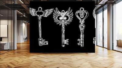 Ornamental medieval vintage keys set with intricate design, Victorian leaf scrolls and hand drawn heart shaped swirls,  composed of flower-de-luce shapes.  Vector. Wall mural