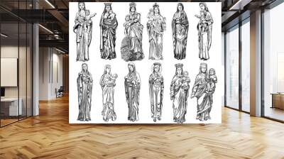 Set of Virgin  Mary or Saint Mary or Mother of God with baby Jesus Christ in her hands. Birth of Jesus. Hand drawn illustration. Blackwork adult flesh tattoo. Christmas holiday template. Vector. Wall mural