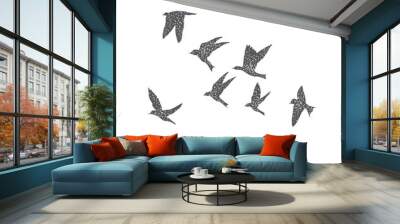 Silhouette of city flying birds on white background. Inspirational body flash tattoo ink. Set of textured stipple grey birds fly swallows, hand made. Vector. Wall mural