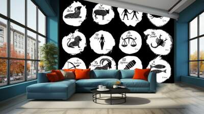 The 12 Zodiacal signs constellations with illustration of horoscope images with planet signs in hand writing calligraphy. Vector Wall mural