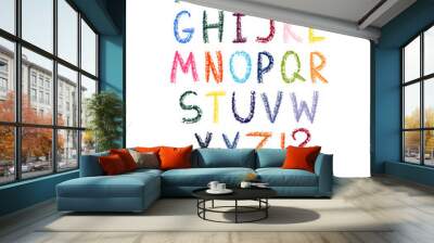 Hand drawn colored crayons alphabet and numbers. Vector illustration isolated on white. Wall mural