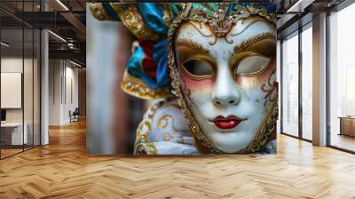 A close-up of an ornate carnival mask, showcasing intricate designs and vibrant colors, typical of festive celebrations. Wall mural