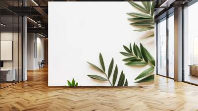 A collection of green leaves arranged on a white background, showcasing natural beauty and simplicity. Wall mural