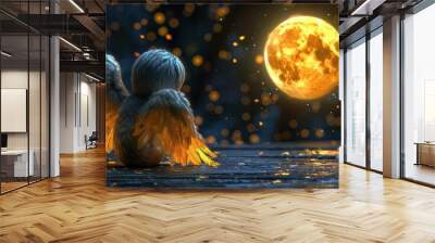 A whimsical creature with feathered wings gazes at a glowing moon amidst a magical, sparkly background. Wall mural