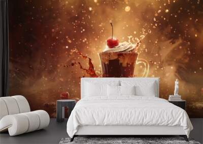 Chocolate Cherry Bomb coffee poster with space on top for a logo, in the style of dreamlike atmosphere, fluid formation, samyang af 14mm f/2.8 rf --ar 16:9 Job ID: 4420f0f1-4b4f-45b3-8c12-800a9763581c Wall mural