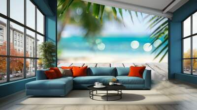 Top of white wooden table with blurred bokeh light seascape and palm leaves at tropical beach background --ar 16:9 Job ID: 9456d145-57d1-4228-93a3-989df7a3076a Wall mural