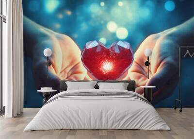 Human hands holding a heart on dark background - ai generative Wall mural