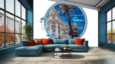 Oran famous building in The streets of the center of Oran, Algeria, blue floral ornaments artistic hand drawn illustration for postcards and print on demand. Wall mural