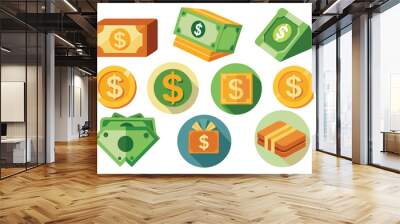 Collection of Colorful Dollar Bill and Coin Icons Wall mural