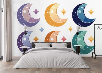 Colorful Crescent Moons with Stars on a White Background Wall mural