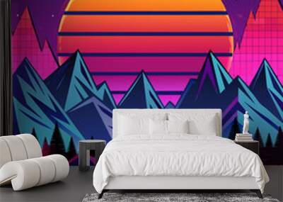 Vibrant retro vector landscape background with geometric shapes and bold colors. Wall mural