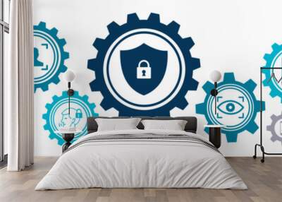 Biometry vector illustration. Blue concept with icons related to secure login via biometric authentication: face / voice recognition, fingerprint scan, retina sensor; identity verification on phone. Wall mural