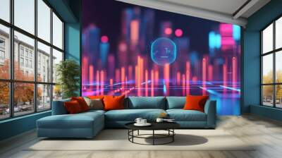 Blockchain-powered smart cities, floating digital holograms, futuristic urban integration Wall mural