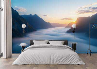 Dense fog rolling over mountain valley, sunrise in the distance, 3D illustration Wall mural