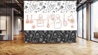 Gastronomy background with hand-drawn ink illustrations for restaurant logo design, food label design, cafeteria banner. Cooking classes banner and courses. Kitchen utensils pattern. Bakery background Wall mural