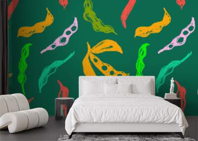 Vector Soybean pattern seamless. Hand-drawn soybean illustrations for Soy sauce label design. Whole pea pod drawings. Beans background. Vegan backdrop, vegetarian decoration. Organic food wallpaper. Wall mural