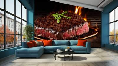 Grilled medium rare steak with cilantro and fire on the back.  Wall mural