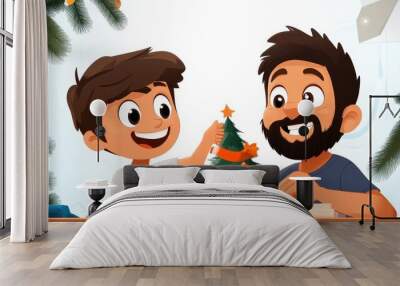 A cheerful father and son are joyfully decorating a Christmas tree with colorful ornaments and a star on top, capturing a festive holiday bonding moment. Wall mural