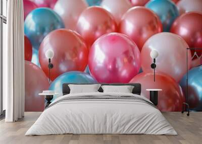 A close-up image capturing the texture and shine of a cluster of mixed color balloons Wall mural