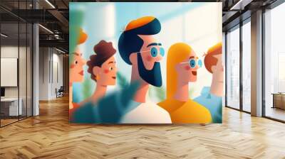 A collection of animated characters with vibrant expressions enjoying a sunny day together, representing joy, community, and the simplicity of shared happiness. Wall mural