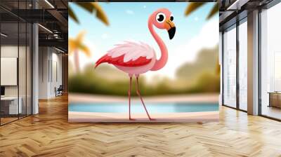 A colorful cartoon flamingo set against a tropical background, standing by a serene lake under a clear sky, encapsulating a playful and visually appealing scene for viewers. Wall mural