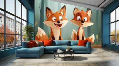 A fun and lively illustration of two happy foxes enjoying a pleasant day in the forest, depicted in a cheerful and engaging cartoon style. Wall mural