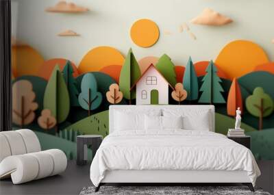 A minimalistic landscape scene showing a house on a green hill surrounded by stylized trees and a bright sun, representing peace and simplicity. Wall mural