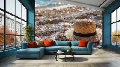 A peaceful image of a straw hat featuring a dark ribbon resting on a pebble-covered beach, with sparkling water and waves gently caressing the shore. Wall mural