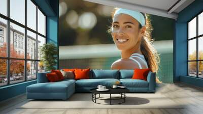 A photogenic female tennis player looks back, smiling over her shoulder at the camera Wall mural