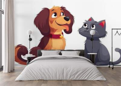 A playful cartoon illustration featuring a joyful brown dog and a curious grey cat sitting together, showcasing their cheerful companionship and endearing expressions. Wall mural