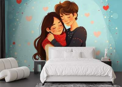 A romantic illustration showing a couple hugging, surrounded by heart shapes and a whimsical, love-infused atmosphere Wall mural