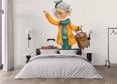 A senior animated figure in motion, carrying a suitcase and a rolling bag, depicted in a confident pose Wall mural