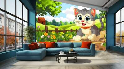 An adorable animated grey kitten looks excited on a sunny day with a dirt road and green landscape Wall mural