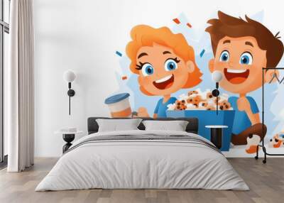 An animated scene of two cheerful kids sharing popcorn and drinks, capturing a moment of delight and friendship with vibrant colors and playful expressions. Wall mural