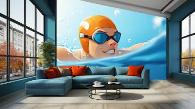 An illustration of a swimmer wearing an orange swim cap as they swim forward in a pool, capturing the determination and focus of professional swimming. Wall mural