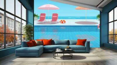 An inviting oceanfront pool scene features two lounge chairs under umbrellas, lifebuoys for safety, and lush potted plants in a serene coastal setting. Wall mural