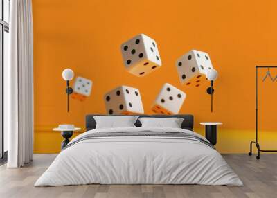 High-resolution image capturing six die frozen in mid-air against a vibrant orange backdrop, concept of chance Wall mural