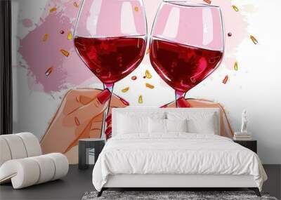 Illustrated hands clinking two glasses of red wine with dynamic sprinkle elements, depicting a toast or celebration Wall mural