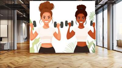 Illustrated scene depicting two women exercising with dumbbells, set against a vibrant background with tropical plants, emphasizing fitness and determination. Wall mural