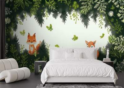 Illustration of two foxes in a whimsical, dense forest surrounded by green foliage, cute insects, and vibrant plant life, creating a playful and enchanting scene for viewers. Wall mural