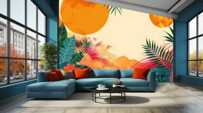 Scenic artistic depiction of a tropical landscape with lush plants and flowers. Two sun-like circles enhance the sunset scene, radiating warmth and serenity in abstract style. Wall mural