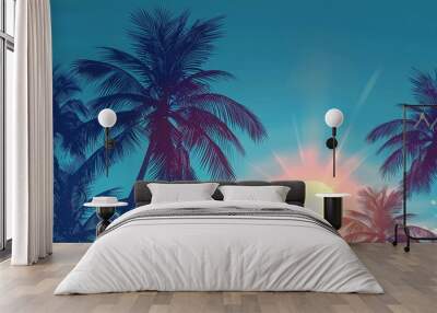 The serene beauty of dusk in a tropical paradise, with silhouettes of palm trees standing tall against a sky lit by the setting sun Wall mural