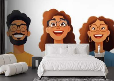 Three cartoon characters with wide smiles and glasses stand together, focusing on happiness, diversity, and an animated lifestyle, embracing joyful connections. Wall mural